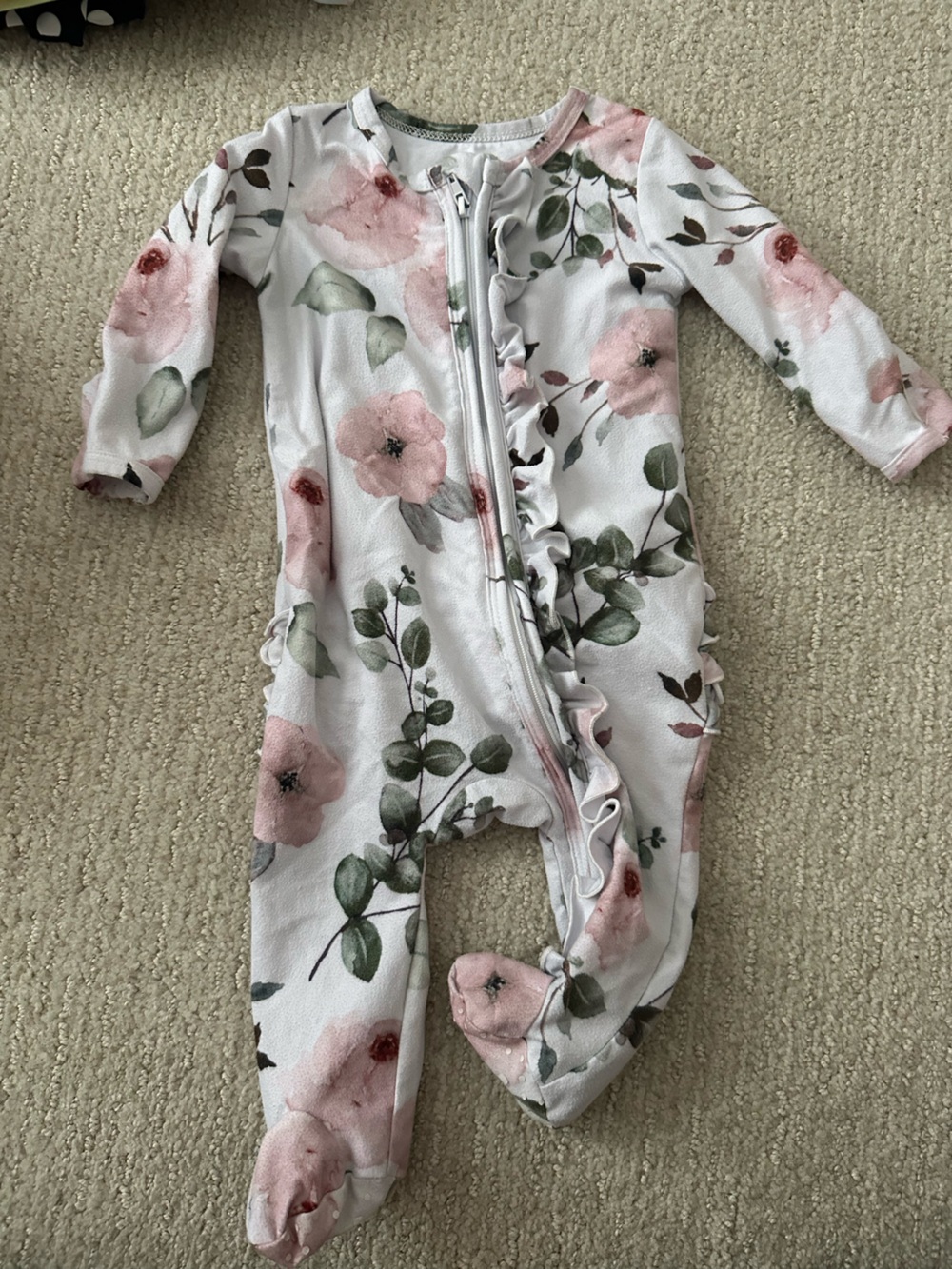 Caden Lane Floral Ruffle Zip Romper - White, Pink, Green